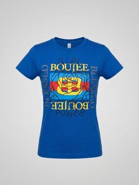 Popular Girl Cotton Boujee Blessed Girl Power Graphic T-Shirt Blue Crewneck Tee
